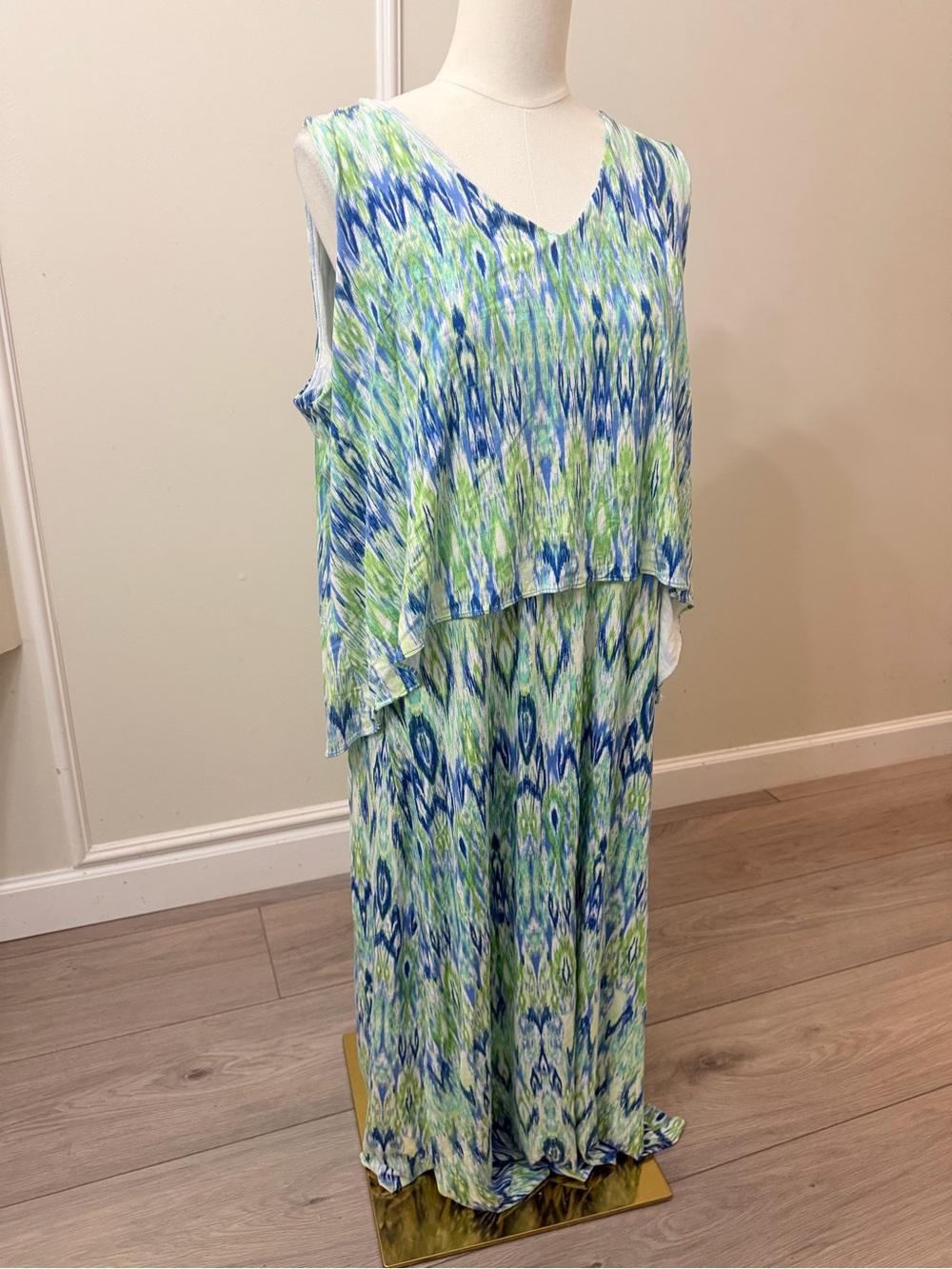 Chico's Sleeveless V-Neck Maxi Dress in Blue and Green Ikat Print - Picture 3 of 7